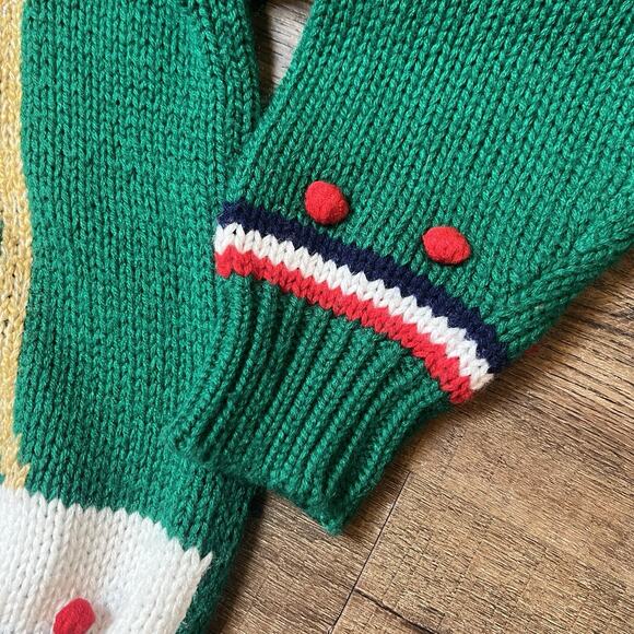 Vtg Green Ugly Christmas Sweater Large Santa Sleigh Rudolph 1980s Prep Pop Art - Picture 4 of 6